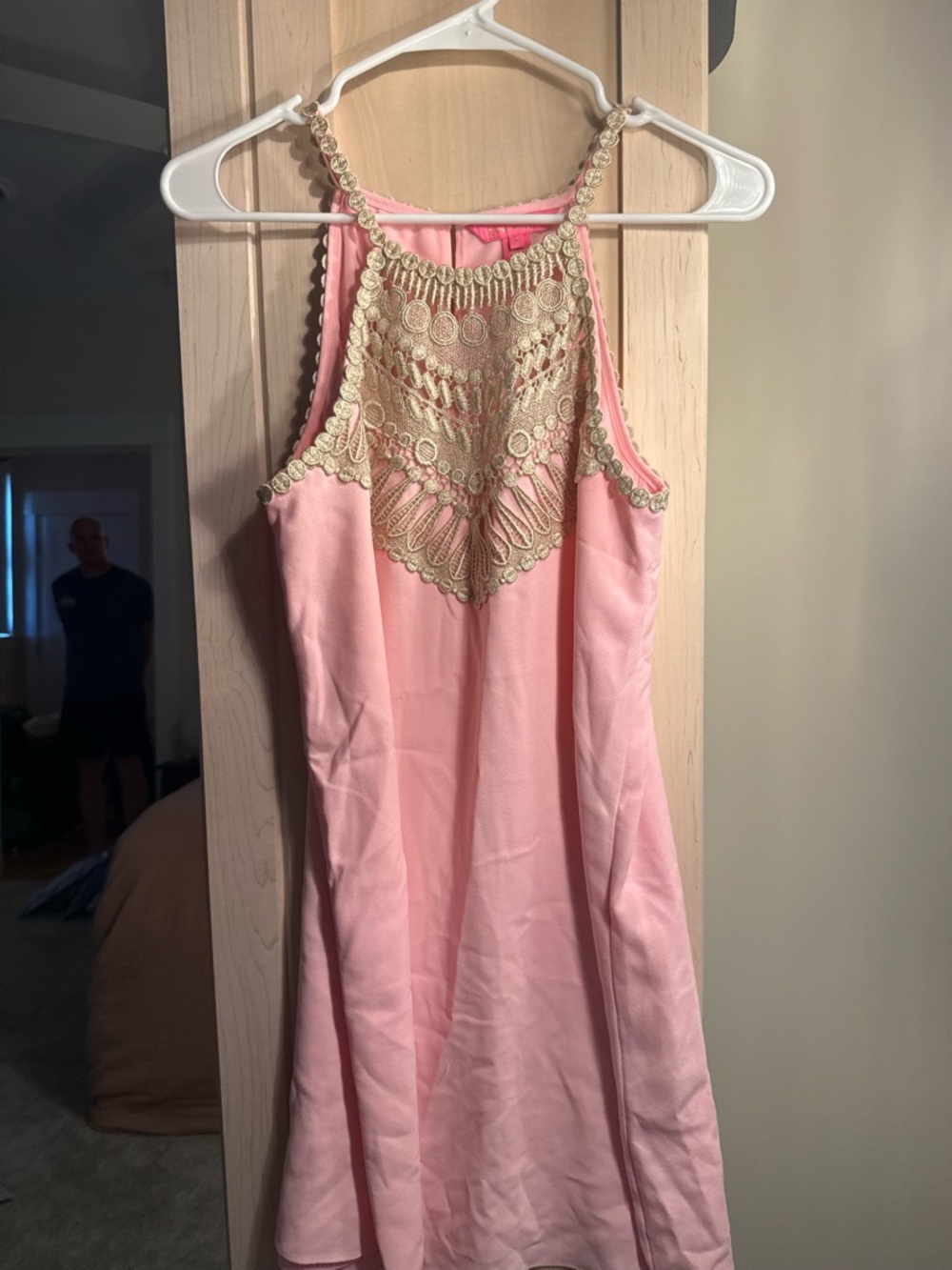 Lilly Pulitzer Pink Dress with Gold Lace Yoke